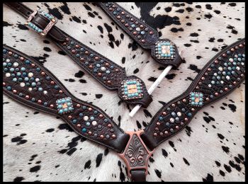 Showman Gator inlay one ear headstall and breast collar set with turquoise, and copper beading #3